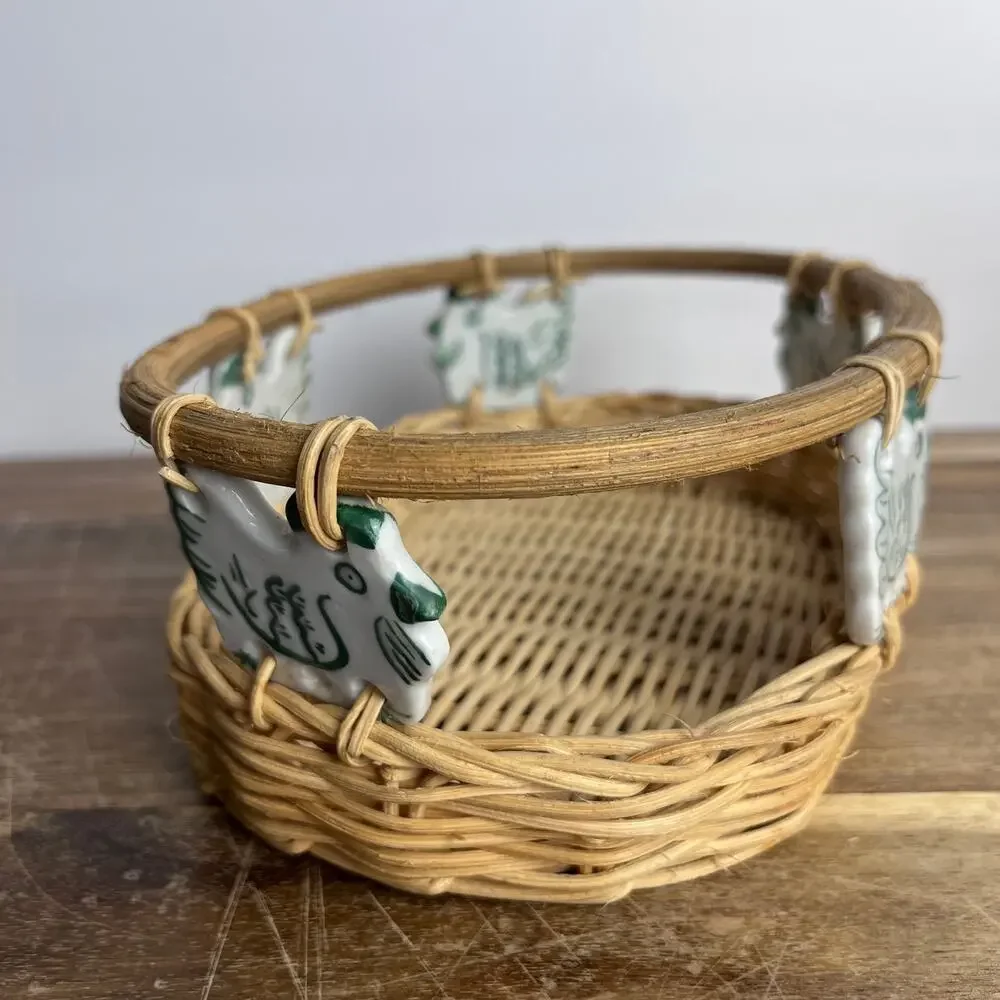 Vintage Wicker Basket w/ White & Sage Green Ceramic Chicken Accents Farmhouse